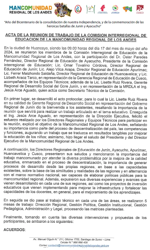 ACTA DE LA REUNIÓN DE TRABAJO DE LA COMISIÓN INTERREGIONAL DE EDUCACIÓN DE LA MANCOMUNIDAD REGIONAL DE LOS ANDES