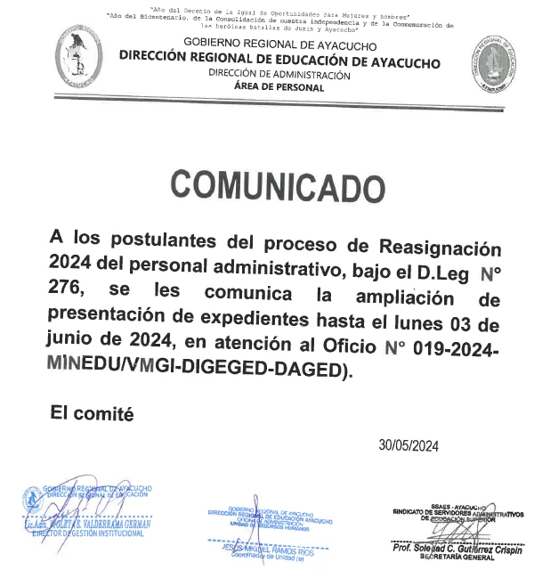 COMUNICADO REASIGNACIÓN DE PERSONAL 2024