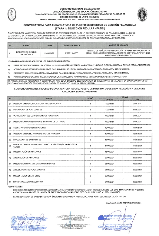 CONVOCATORIA ENCARGATURA DIRECTOR DE GESTIÓN PEDAGÓGICA DE LA DRE AYACUCHO - 2024