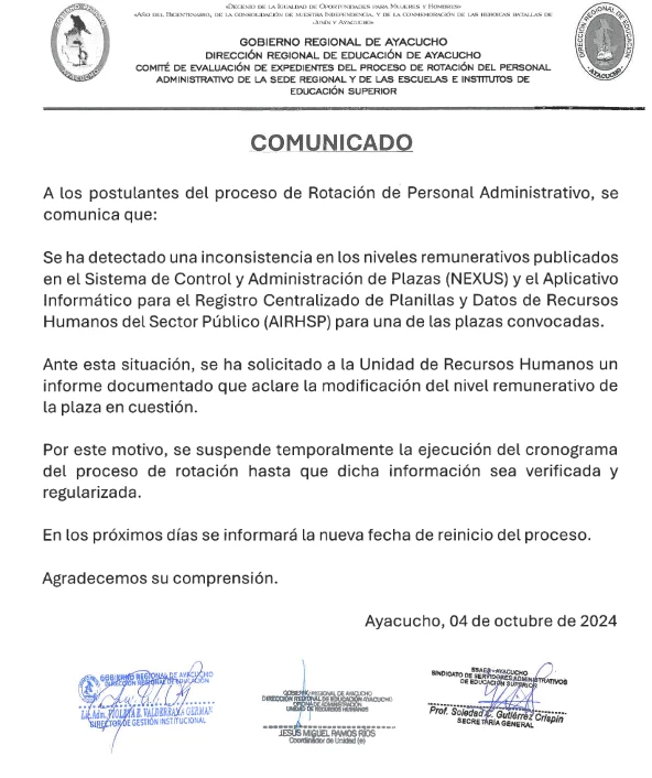 PROCESO DE ROTACIÓN DE PERSONAL ADMINISTRATIVO DL 276 - COMUNICADO SUSPENSIÓN TEMPORAL