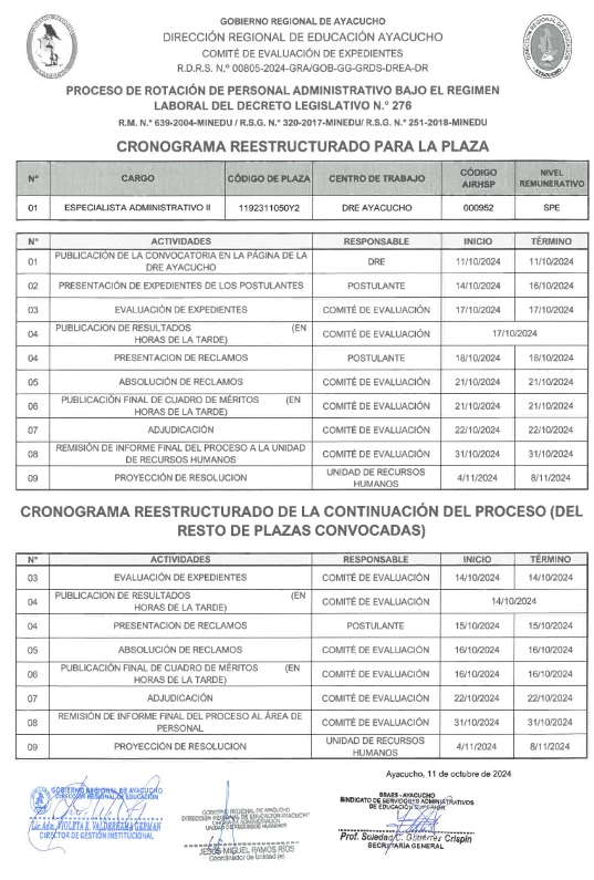 CRONOGRAMA REESTRUCTURADO DEL PROCESO DE ROTACIÓN DE PERSONAL ADMINISTRATIVO