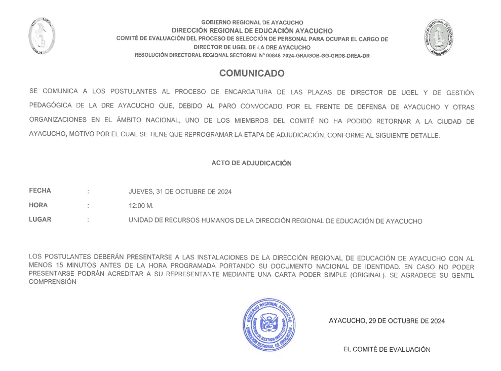 ENCARGATURA 2025 - COMUNICADO REPROGRAMACIÓN DE ADJUDICACIÓN