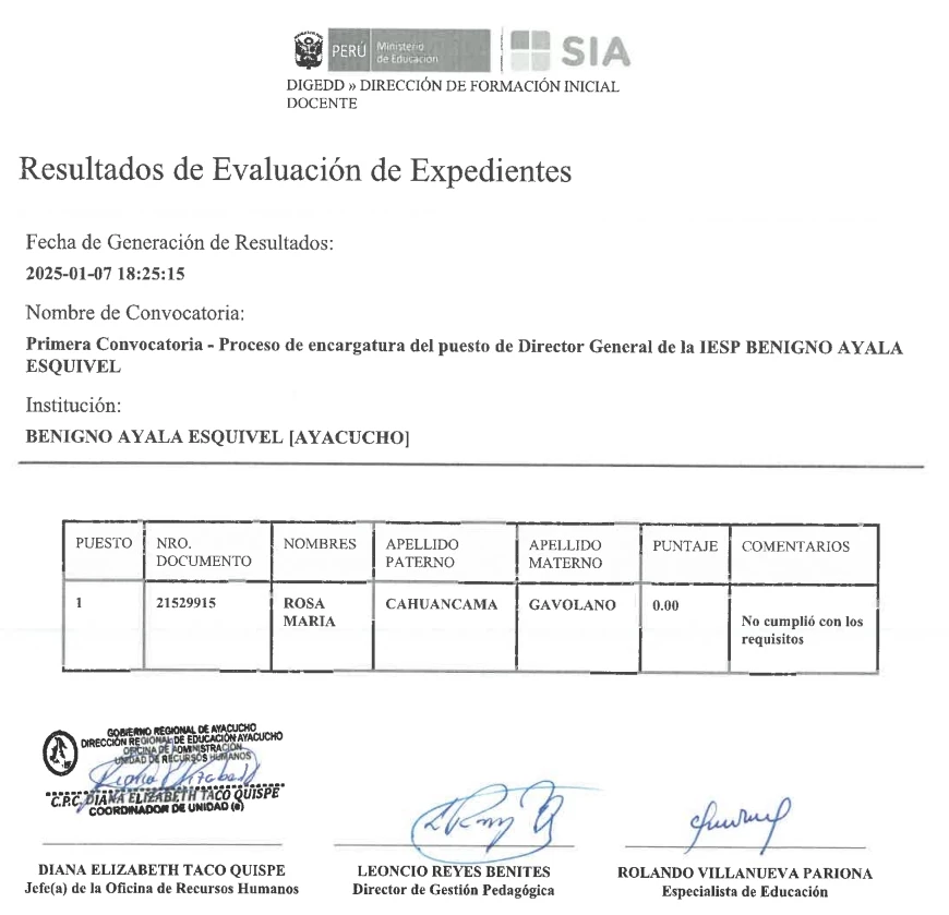 RESULTADOS EVALUACIÓN DE EXPEDIENTES - PROCESO ENCARGATURA DIRECTOR