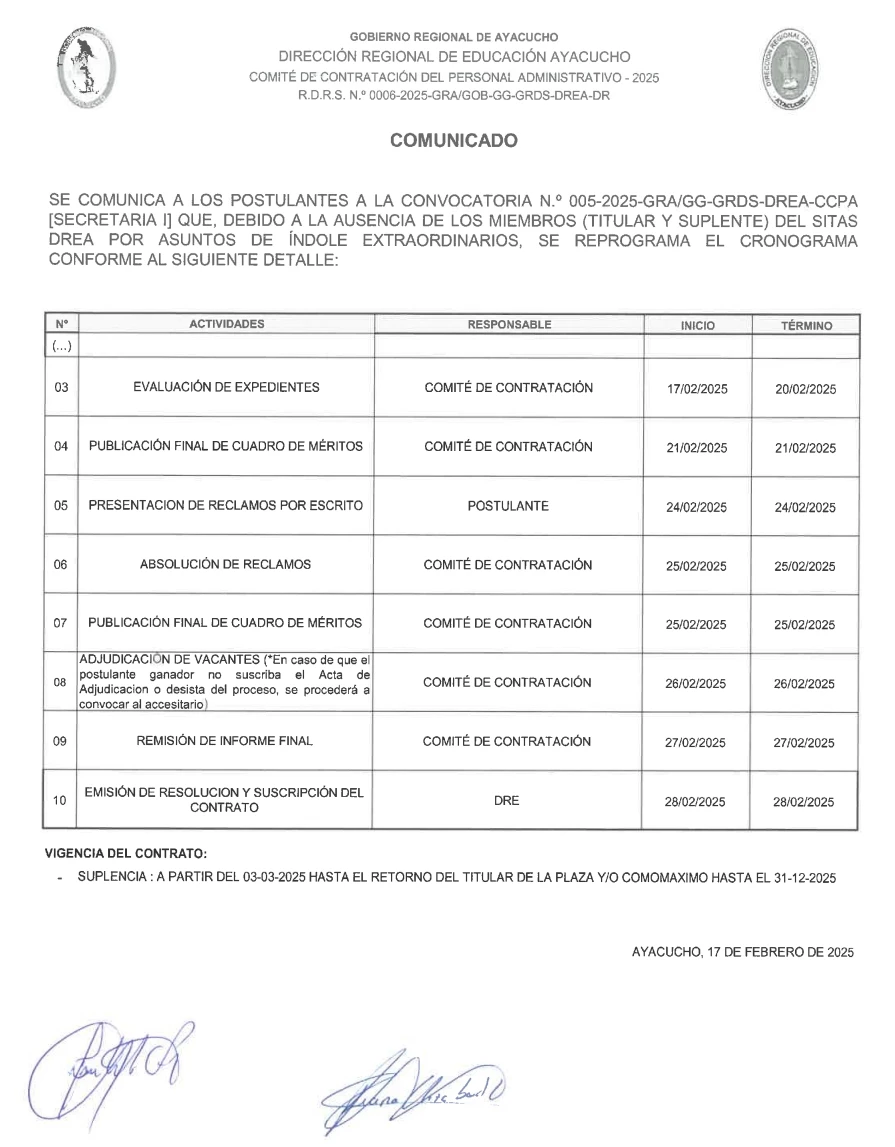 COMUNICADO CONVOCATORIA 005-2025, REPROGRAMACION DEL CRONOGRAMA