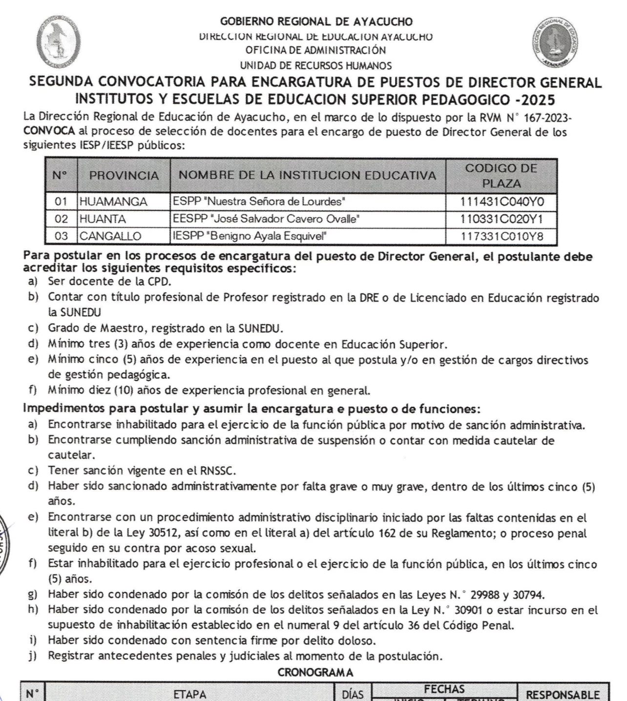 SEGUNDA CONVOCATORIA PARA ENCARGATURA DE PUESTOS DE DIRECTOR GENERAL INSTITUTOS Y ESCUELAS DE EDUCACION SUPERIOR PEDAGOGICO -2025