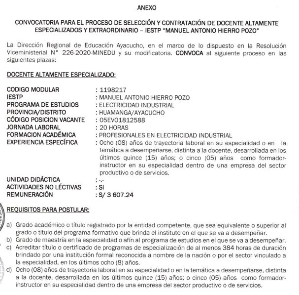 CONVOCATORIA PARA PROCESO DE SELECCIÓN Y CONTRATACIÓN DOCENTE ALTAMENTE ESPECIALIZADO 