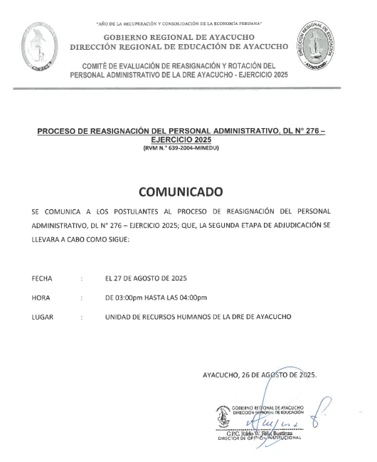 REASIGNACIÓN ADMINISTRATIVA 2025 - COMUNICADO ADJUDICACIÓN