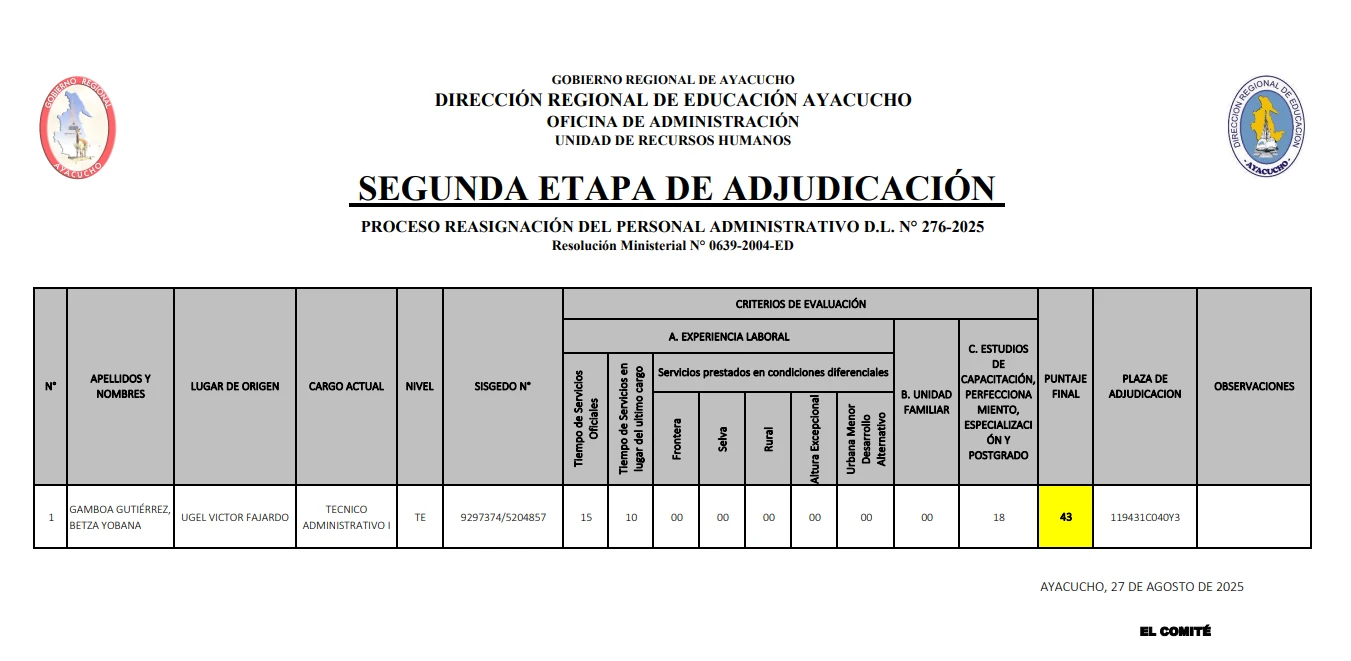 SEGUNDA ETAPA DE ADJUDICACIÓN