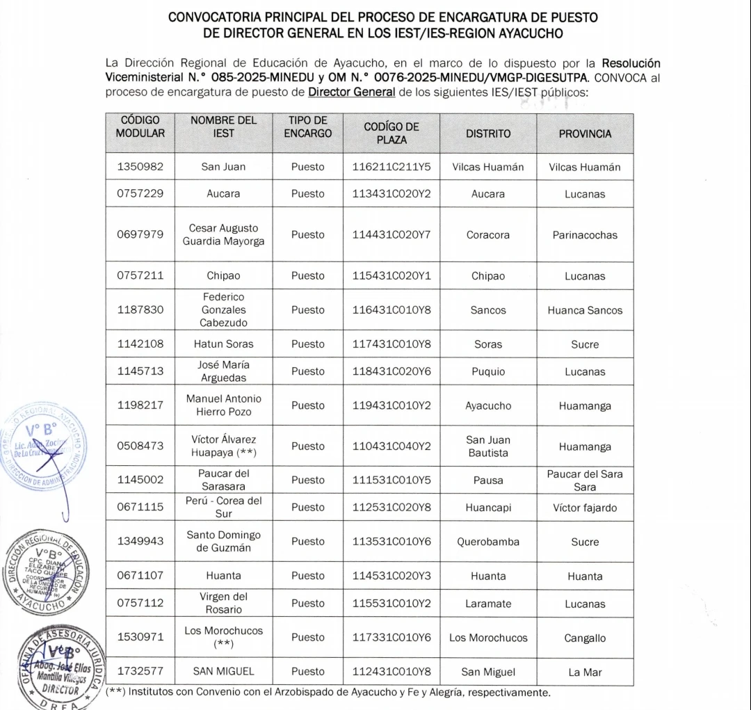 CONVOCATORIA PRINCIPAL Y CRONOGRAMA PARA EL PROCESO DE ENCARGATURA DE PUESTO DE DIRECTOR GENERAL EN LOS IES/IEST DE LA REGION AYACUCHO, 2026 
