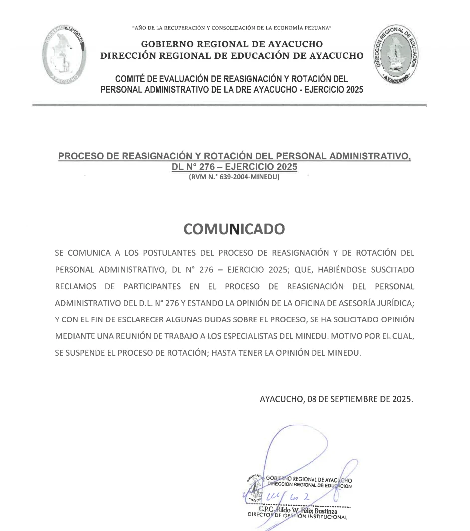 PROCESO DE REASIGNACIÓN Y ROTACIÓN DEL PERSONAL ADMINISTRATIVO DL N° 276 - EJERCICIO 2025