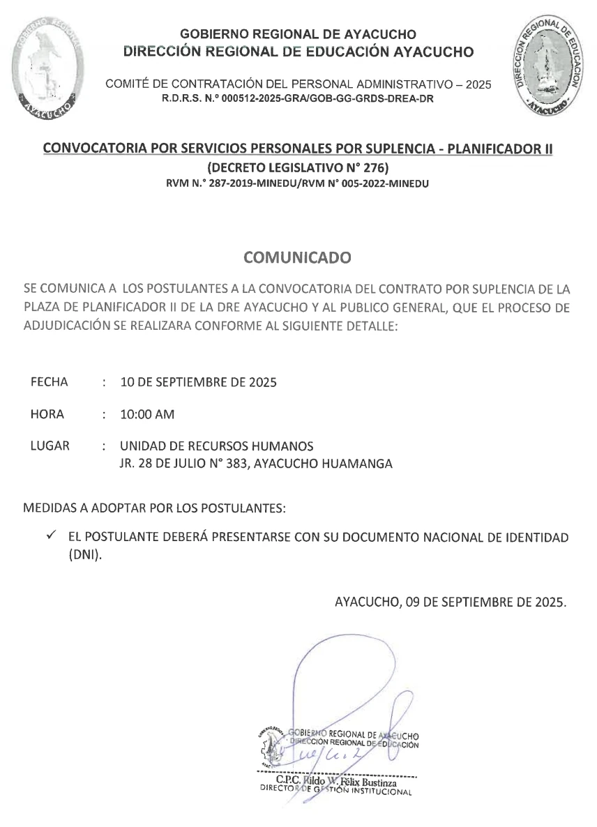 COMUNICADO SOBRE PLAZA DE PLANIFICADOR II