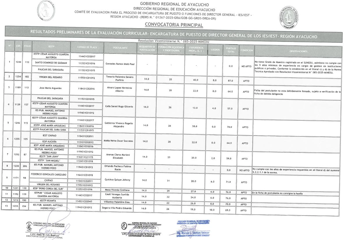 RESULTADOS PRELIMINARES EVALUACIÓNCURRICULAR ENCARGATURA PUESTO DE DIRECTOR GENERAL IES/IST - REGIÓN AYACUCHO