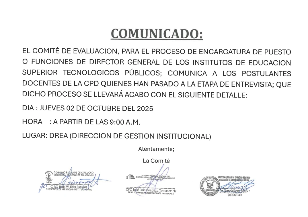 COMUNICADO - PROCESO DE ENCARGATURA DE DIRECTORES DE IES / IEST