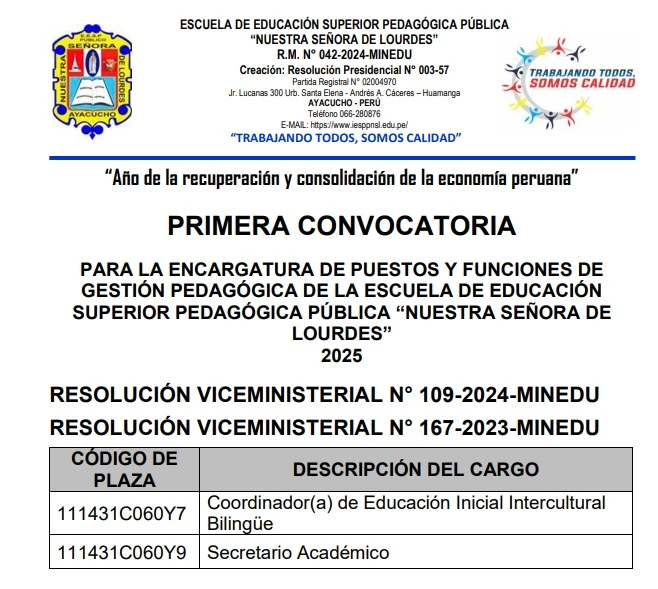 PRIMERA CONVOCATORIA PARA ENCARGATURA DE PUESTOS Y FUNCIONES DE GESTIÓN PEDAGÓGICA DE EESPP “NUESTRA SEÑORA DE LOURDES” 2025