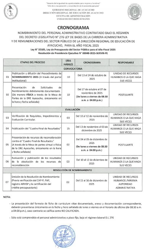 NOMBRAMIENTO DEL PERSONAL ADMINISTRATIVO CONTRATADO BAJO EL RÉGIMEN DEL DL 276 LEY DE BASES DE LA CARRERA ADMINISTRATIVA Y DE REMUNERACIONES DEL SECTOR PÚBLICO DE LA DRE AYACUCHO, AÑO FISCAL 2025