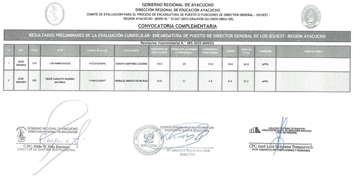 RESULTADOS PRELIMINARES EVALUACIÓN CURRICULAR - ENCARGATURA PUESTO DE DIRECTOR GENERAL IES/IEST