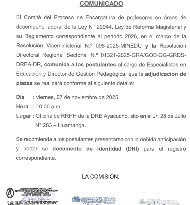 COMUNICADO ADJUDICACIÓN-ESPECIALISTAS Y DGP 2026 04/11