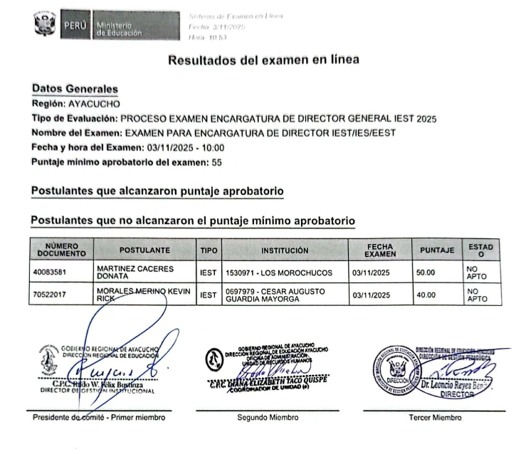 RESULTADOS DE EXAMEN EN LINEA DEL PROCESO ENCARGATURA DE DIRECTOR IEST