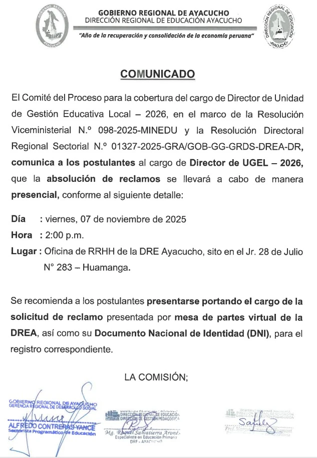 COMUNICADO PARA ABSOLUCIÒN DE RECLAMOS - DIRECTORES UGEL