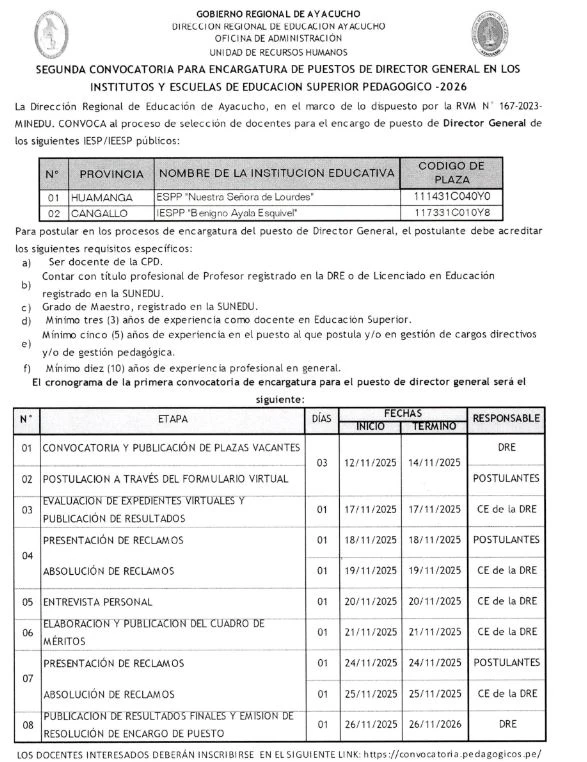 SEGUNDA CONVOCATORA DE ENCARGATURA DE PUESTO Y FUNCIONES DE DIRECTOR GENERAL DE LOS INSTITUTOS Y ESCUELAS DE EDUCACIÓN SUPERIOR PEDAGÓGICA PÚBLICOS DE LA REGIÓN