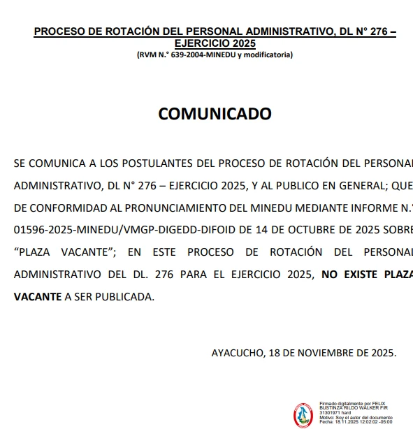 PROCESO DE ROTACIÓN DEL PERSONAL ADMINISTRATIVO, DL N° 276 – EJERCICIO 2025