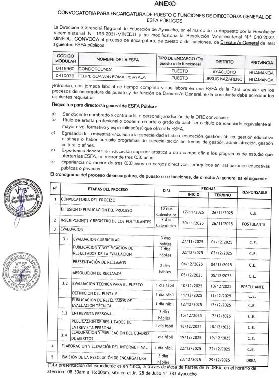 CONVOCATORIA AL PROCESO DE SELECCIÓN DE DIRECTOR/A GENERAL DE ESFAS EN EL ÁMBITO DE LA DRE AYACUCHO