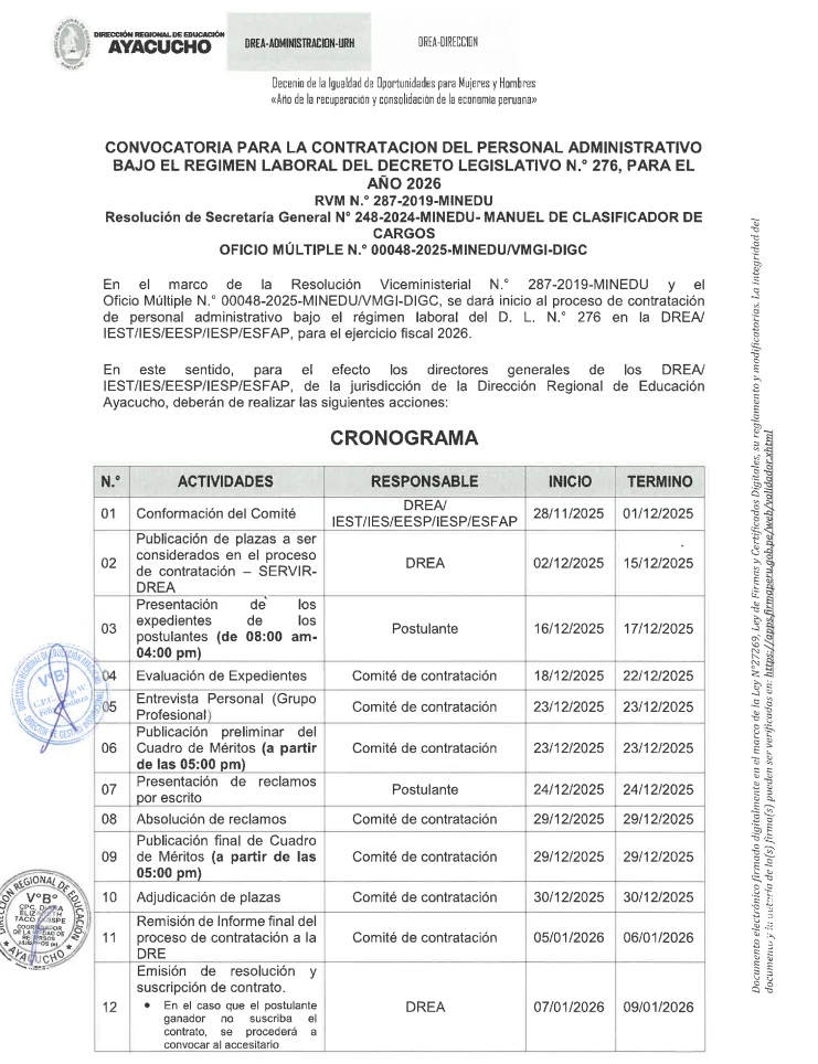 CONVOCATORIA PARA LA CONTRATACION DEL PERSONAL ADMINISTRATIVO BAJO EL RE GIMEN LABORAL DEL DECRETO LEGISLATIVO 276, PARA EL AÑO 2026