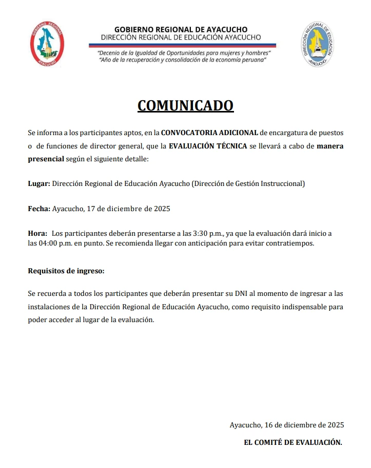 COMUNICADO DE LA CONVOCATORIA ADICIONAL ENCARGATURA DE DIRECTOR GENERAL DE LOS IES/IEST - PERIODO 2026