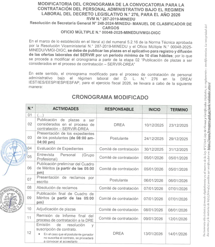 CONVOCATORIA PARA LA CONTRATACION DEL PERSONAL ADMINISTRATIVO BAJO EL REGIMEN LABORAL DEL DECRETO LEGISLATIVO 276, PARA EL AÑO 2026.