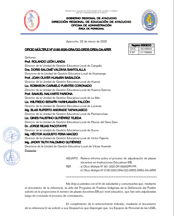OFICIO MULTIPLE N° 00192-2020-GRA/GG-GRDS-DREA-OA-APER.
