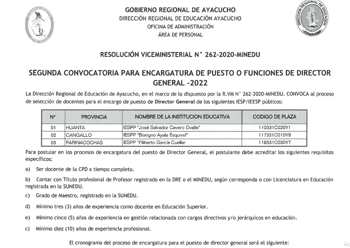 SEGUNDA CONVOCATORIA PARA ENCARGATURA DE PUESTO O FUNCIONES DE DIRECTOR GENERAL - 2022