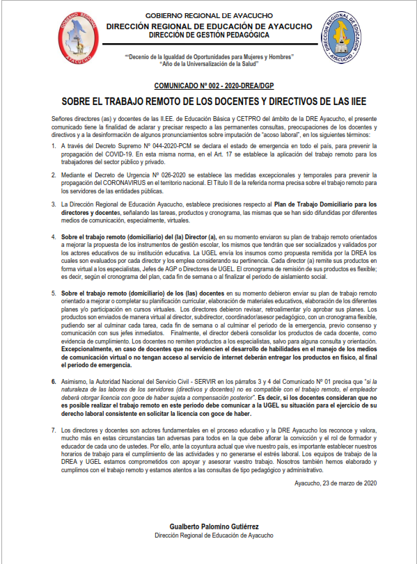 Comunicado de la Dirección Regional de Educación de Ayacucho sobre la desinformación
