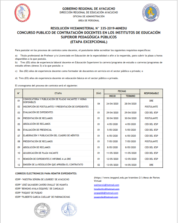 CONCURSO PÚBLICO DE CONTRATACIÓN DOCENTE EN LOS INSTITUTOS DE EDUCACIÓN SUPERIOR