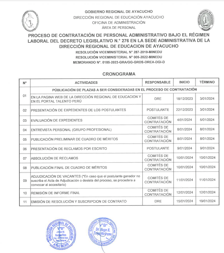 PROCESO DE CONTRATACIÓN DE PERSONAL ADMINISTRATIVO D.LEG. 276 EN LA SEDE REGIONAL DE EDUCACIÓN