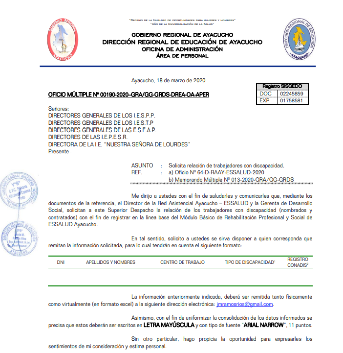 OFICIO MULTIPLE N° 00190-2020-GRA/GG-GRDS-DREA-OA-APER.