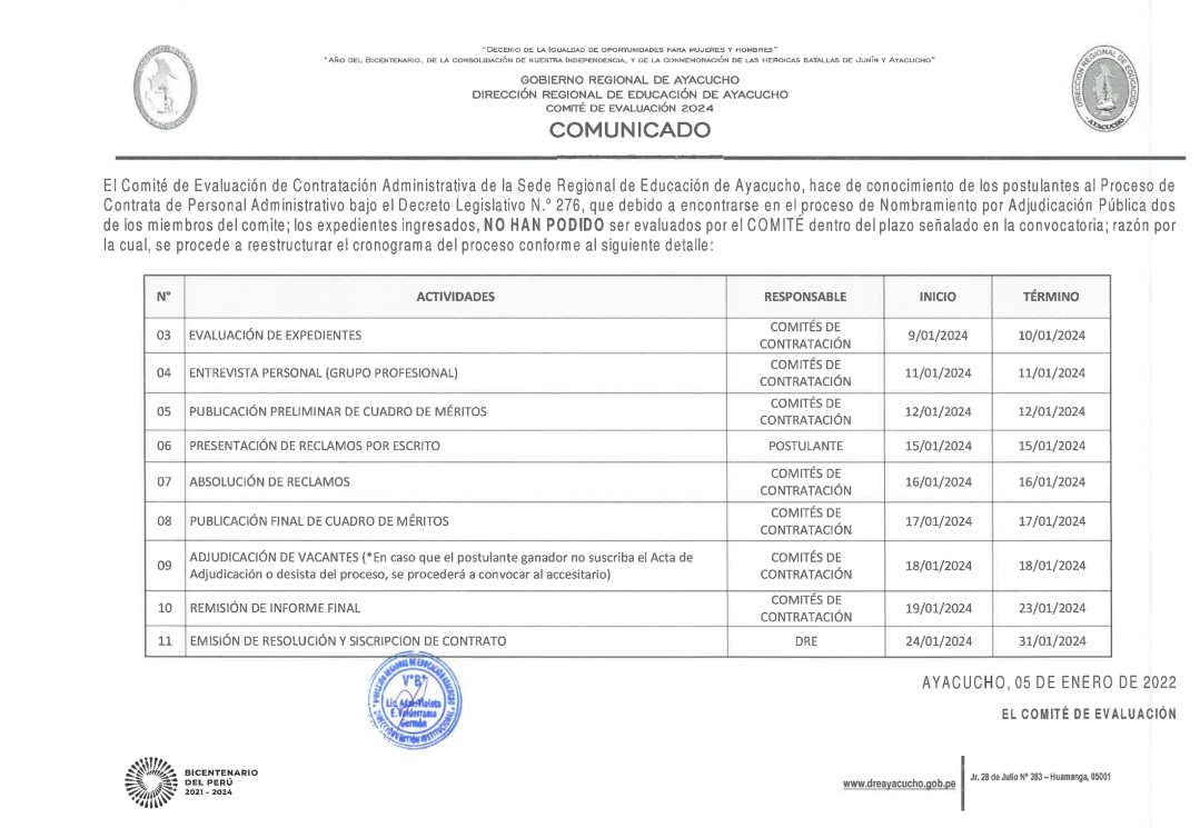 REPROGRAMACIÓN DE CRONOGRAMA DE PROCESO DE CONTRATACIÓN DE PERSONAL ADMINISTRATIVO D.LEG. 276 - SEDE