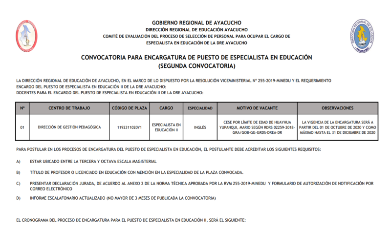CONVOCATORIA PARA ENCARGATURA DE PUESTO DE ESPECIALISTA EN EDUCACIÓN (SEGUNDA CONVOCATORIA)
