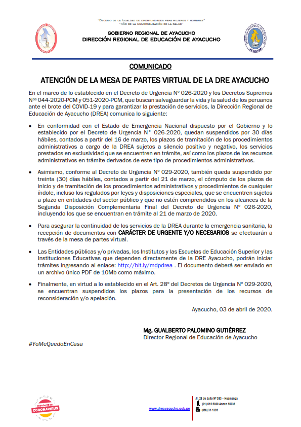 ATENCION DE LA MESA DE PARTES VIRTUAL DE LA DRE AYACUCHO