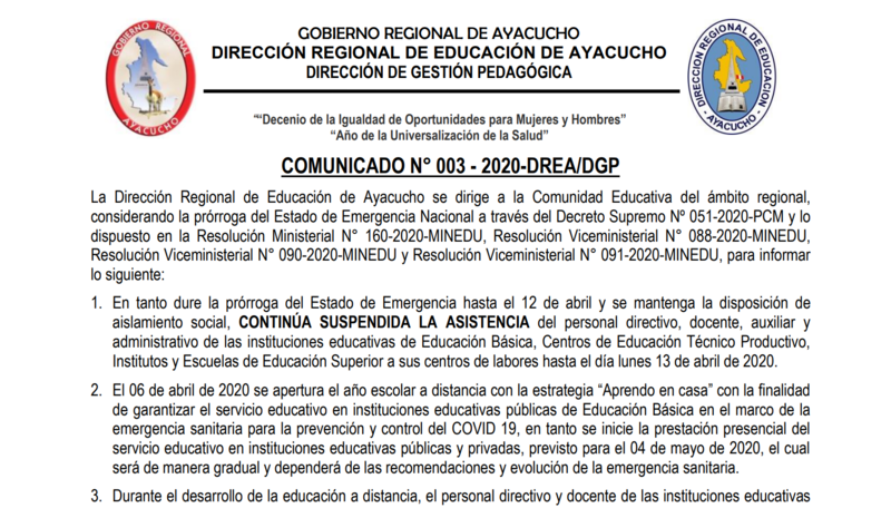 COMUNICADO Nº 003-2020-DREA/DGP
