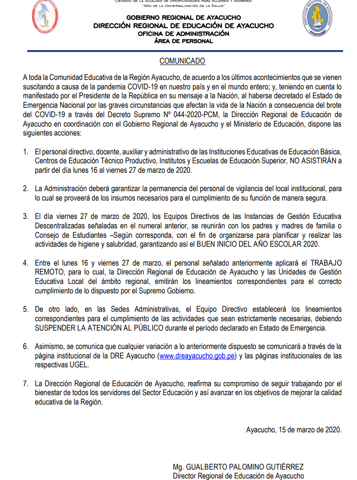 COMUNICADO SOBRE LA DECLARACIÓN DE ESTADO DE EMERGENCIA