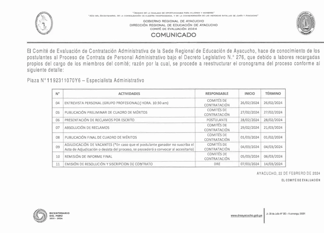 Proceso de Contrata de Personal Administrativo bajo el régimen laboral del Decreto Legislativo N.° 276 de la DREA